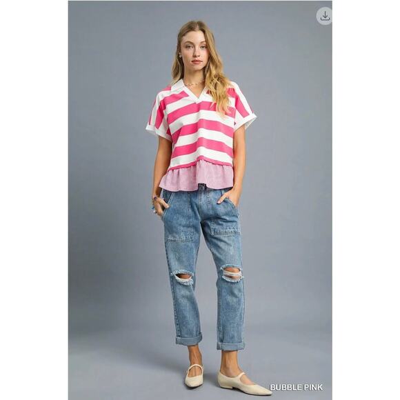 Umgee Tops - Umgee - Chic Contrast Stripe Collared Top - Small